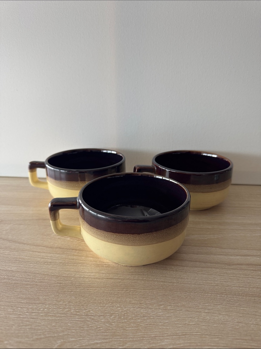 Vintage Northland Japan Stoneware Soup Mugs Brown Yellow Set of 3